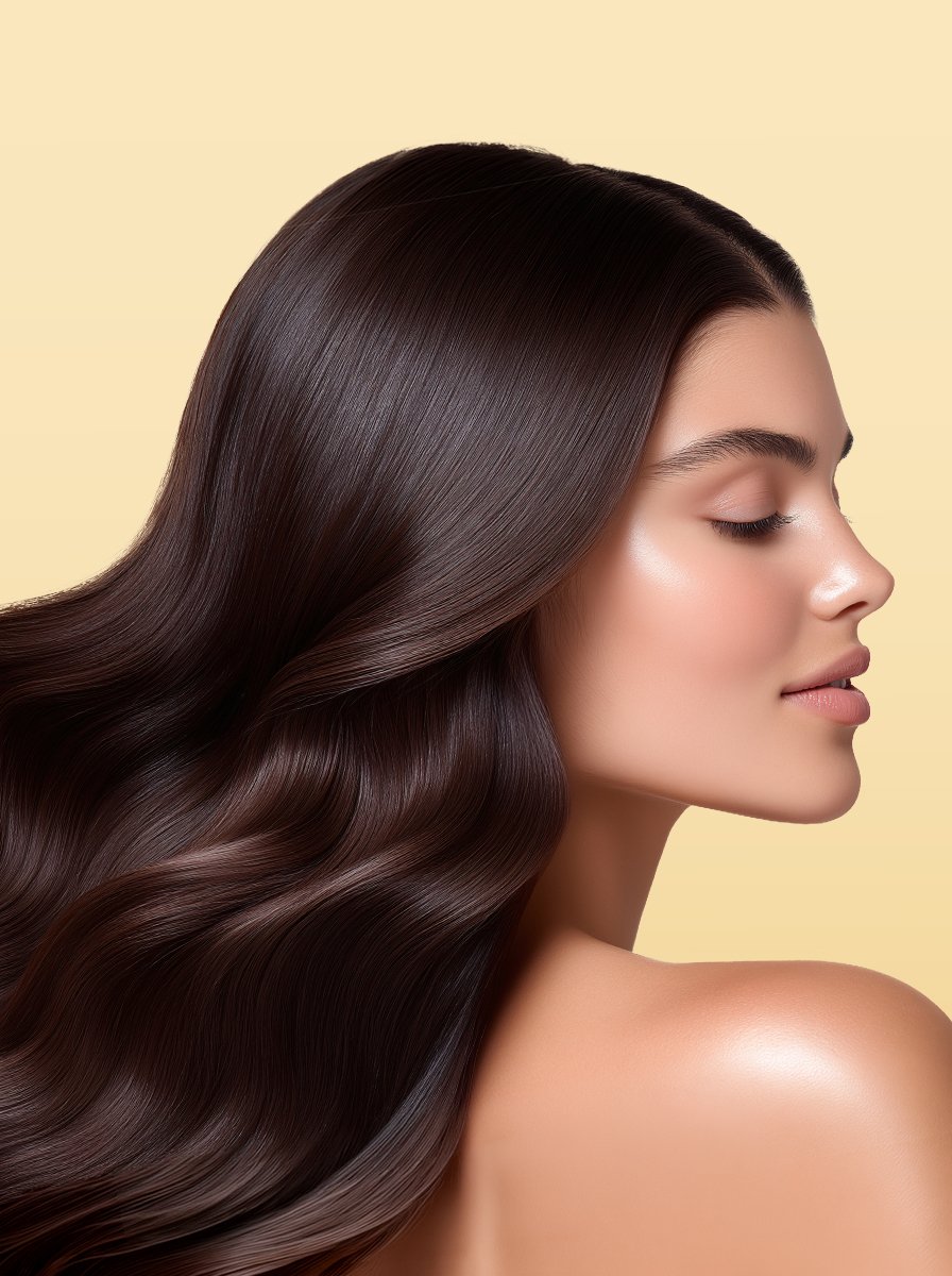 Woman with long, glossy brunette waves